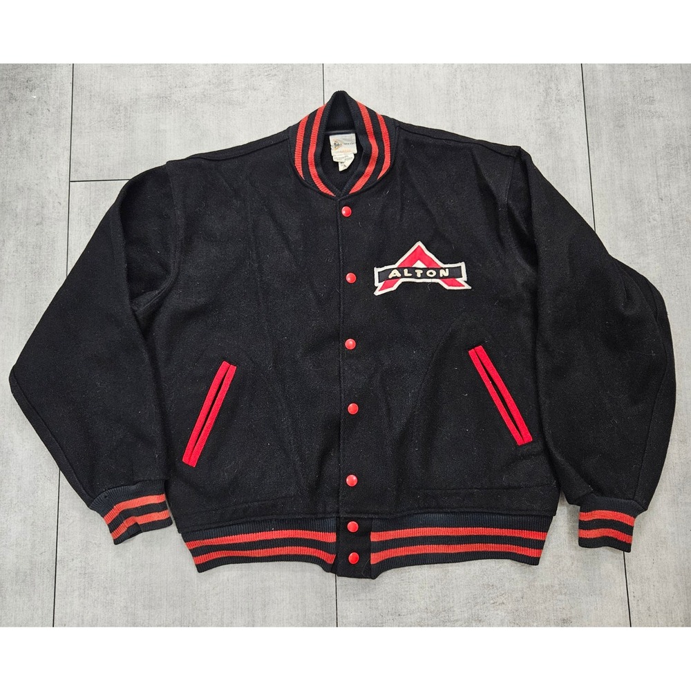 Vintage‎ Felco New York Wool Varsity Jacket Mens Large Black Red Alton Letterman